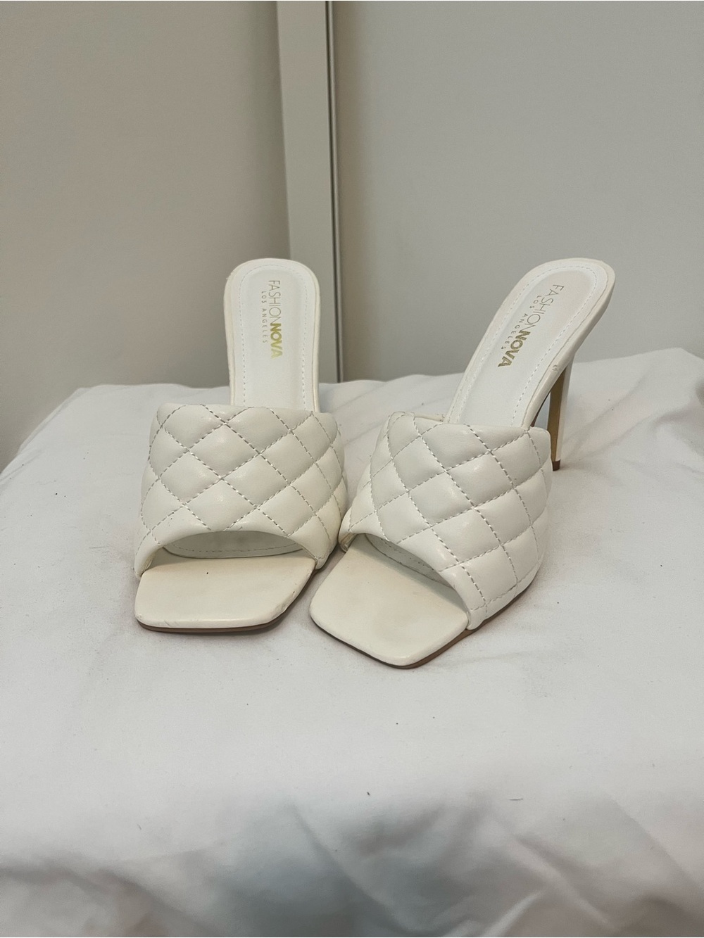 Fashion Nova White Quilted Open-Toe Slide Heels